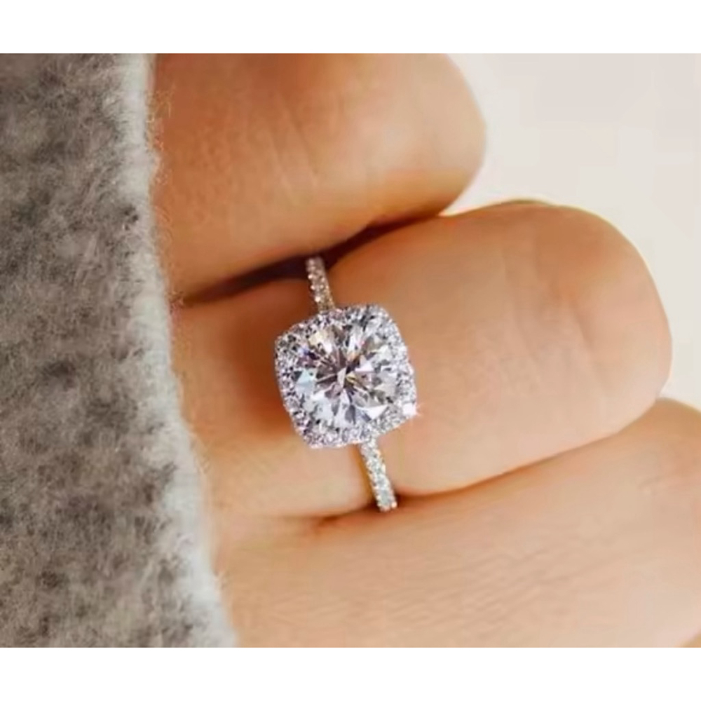 2ct Pave Halo Round Platinum‎ Silver Diamond Engagement Ring, Sz 10